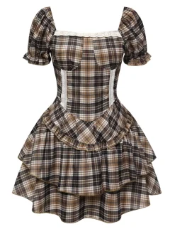 Best Retro Stage 2PCS 1940s Tartan Puff Top & Layered Hem Skirt Khaki