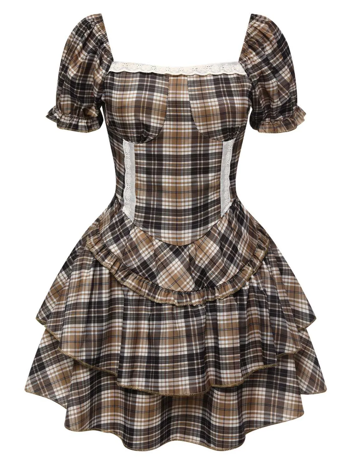 Best Retro Stage 2PCS 1940s Tartan Puff Top & Layered Hem Skirt Khaki