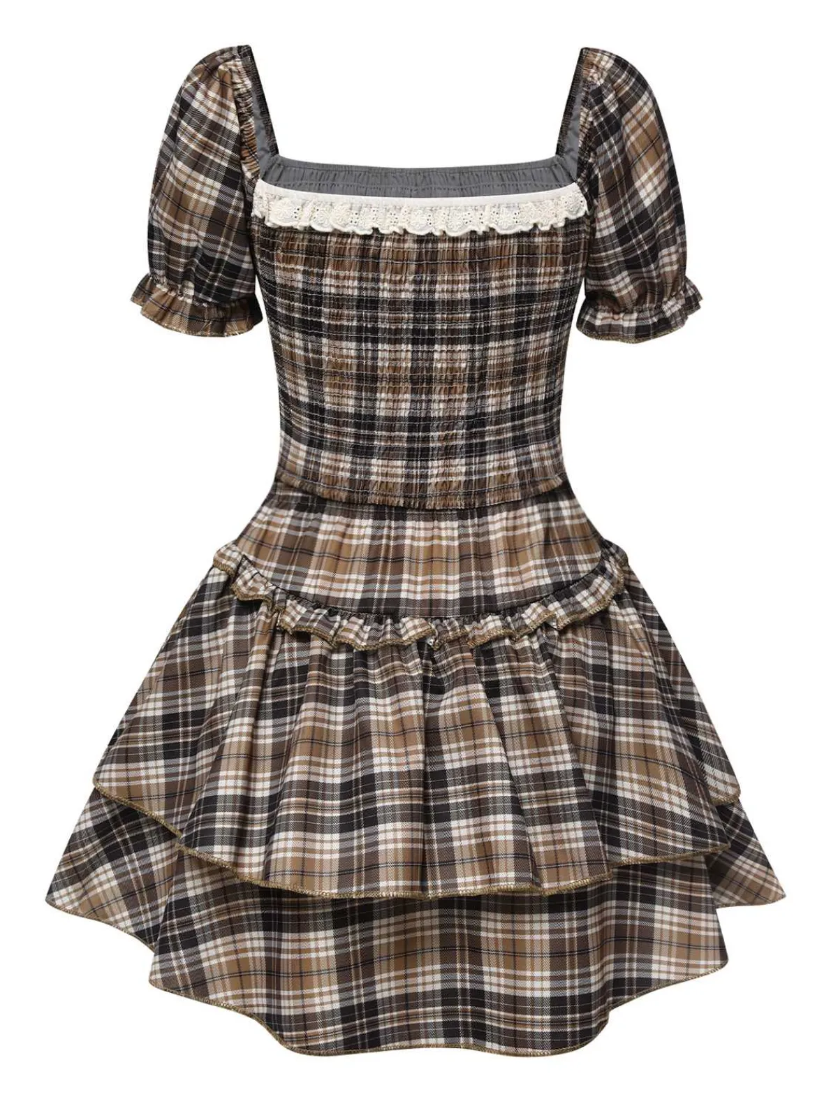 Best Retro Stage 2PCS 1940s Tartan Puff Top & Layered Hem Skirt Khaki