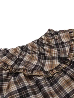 Best Retro Stage 2PCS 1940s Tartan Puff Top & Layered Hem Skirt Khaki