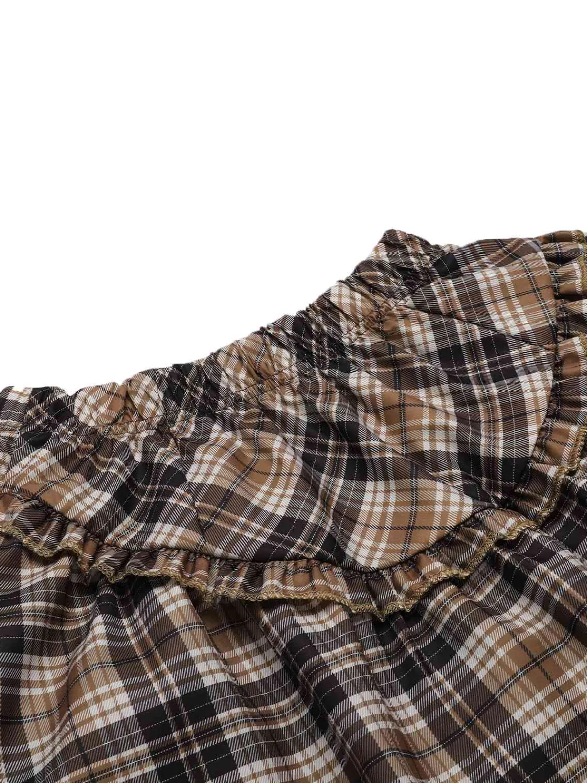 Best Retro Stage 2PCS 1940s Tartan Puff Top & Layered Hem Skirt Khaki