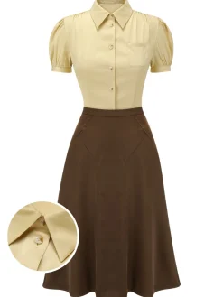 Outlet Retro Stage 2PCS Lapel Puff Sleeve Solid Blouse & High Waist Skirt Yellow & Coffee