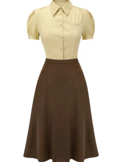 Outlet Retro Stage 2PCS Lapel Puff Sleeve Solid Blouse & High Waist Skirt Yellow & Coffee