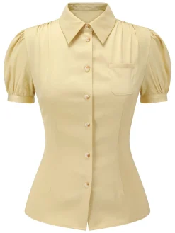 Outlet Retro Stage 2PCS Lapel Puff Sleeve Solid Blouse & High Waist Skirt Yellow & Coffee