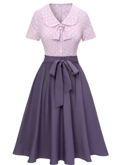 Fashion Retro Stage 2PCS 1940s Polka Dots Blouse & Solid Skirt Lavender