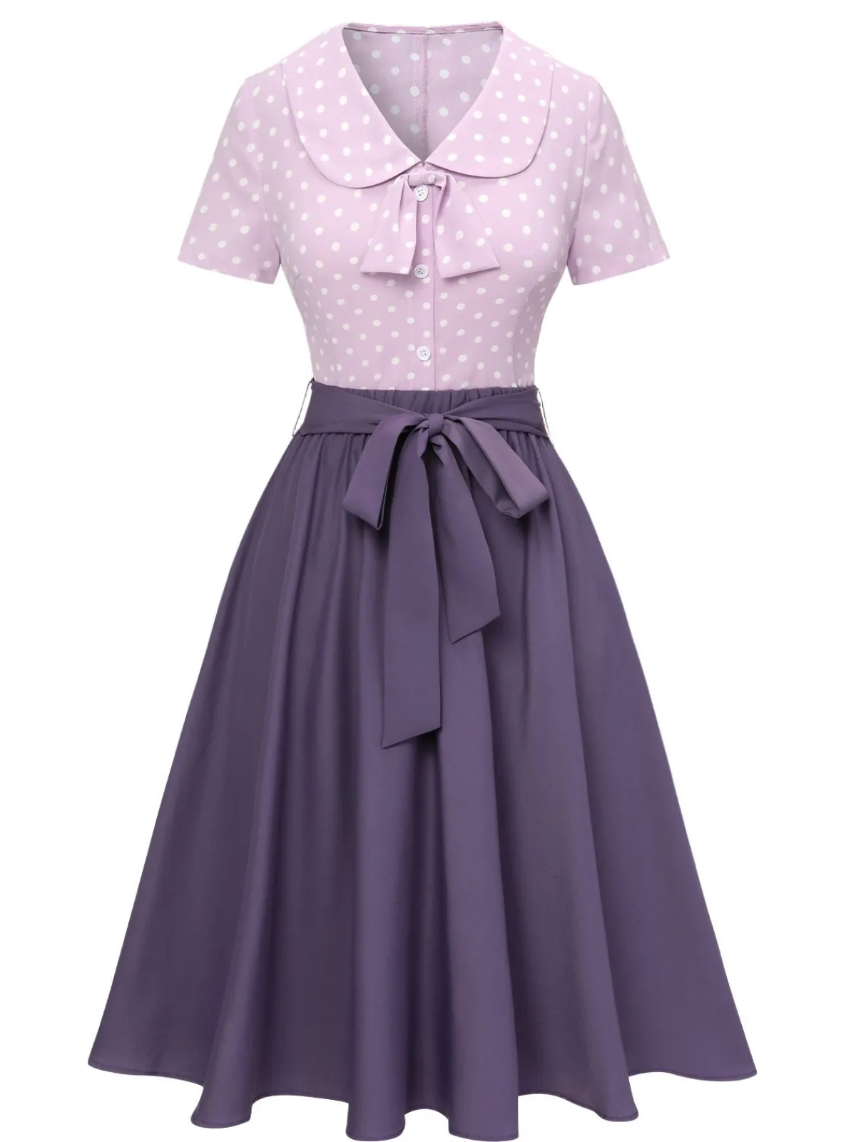 Fashion Retro Stage 2PCS 1940s Polka Dots Blouse & Solid Skirt Lavender