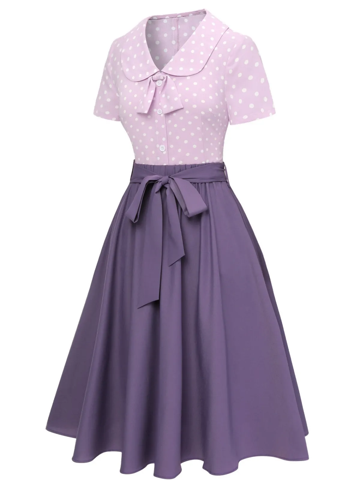 Fashion Retro Stage 2PCS 1940s Polka Dots Blouse & Solid Skirt Lavender