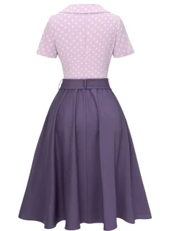 Fashion Retro Stage 2PCS 1940s Polka Dots Blouse & Solid Skirt Lavender