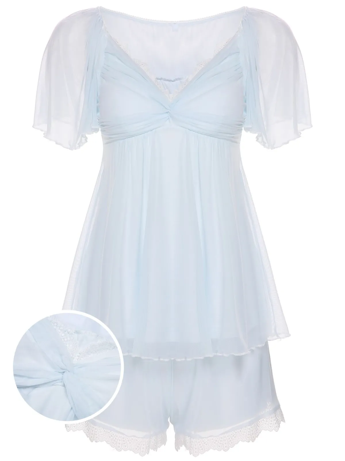 Best Retro Stage 2PCS 1940s Knot Lace Sleepwear Light Blue