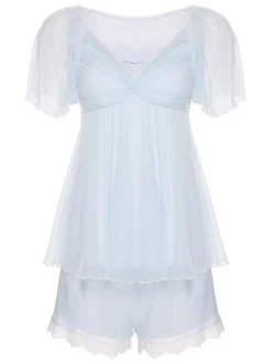 Best Retro Stage 2PCS 1940s Knot Lace Sleepwear Light Blue