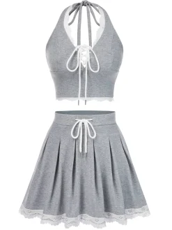 Hot Retro Stage 2PCS 1950s Lace Halter Top & Pleated Skirt Light Gray