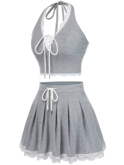 Hot Retro Stage 2PCS 1950s Lace Halter Top & Pleated Skirt Light Gray
