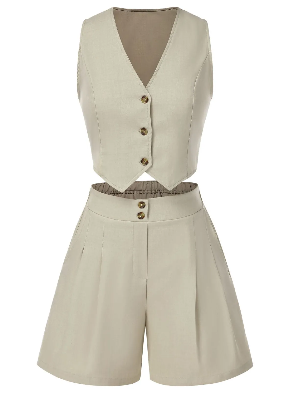 Online Retro Stage 2PCS 1950s Solid V-Neck Vest & Shorts Light Khaki