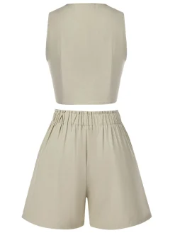 Online Retro Stage 2PCS 1950s Solid V-Neck Vest & Shorts Light Khaki