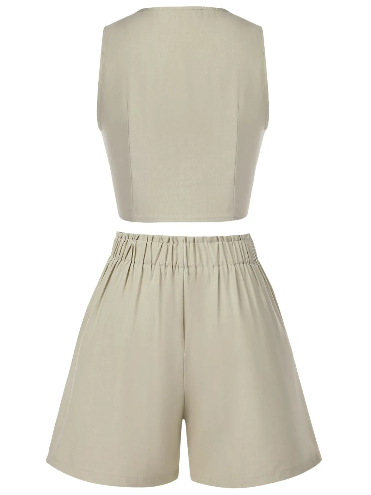 Online Retro Stage 2PCS 1950s Solid V-Neck Vest & Shorts Light Khaki