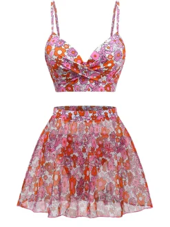 New Retro Stage 2PCS 1950s Cartoon Floral Bikini Set & Cover-Up Multicolor