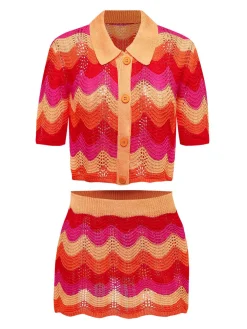 Fashion Retro Stage 2PCS Multicolor 1970s Knit Cardigan & High-Waist Skirt