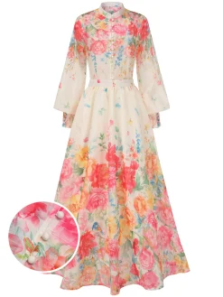 Discount Retro Stage 2PCS 1970s Mandarin Collar Floral Blouse & Skirt Multicolor