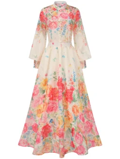 Discount Retro Stage 2PCS 1970s Mandarin Collar Floral Blouse & Skirt Multicolor