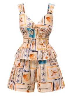 Clearance Retro Stage 2PCS 1940s Marine Life Prints Top & Shorts Multicolor