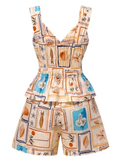 Clearance Retro Stage 2PCS 1940s Marine Life Prints Top & Shorts Multicolor