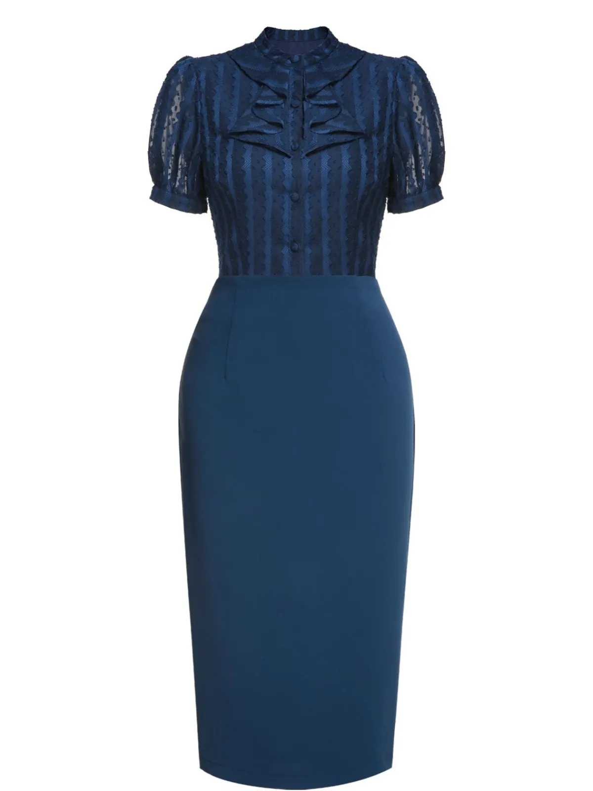 Hot Retro Stage 2PCS 1960s Stand Collar Shirt & Solid Wrap Skirts Navy Blue