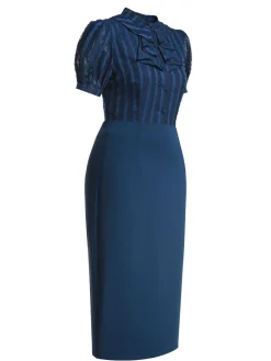 Hot Retro Stage 2PCS 1960s Stand Collar Shirt & Solid Wrap Skirts Navy Blue