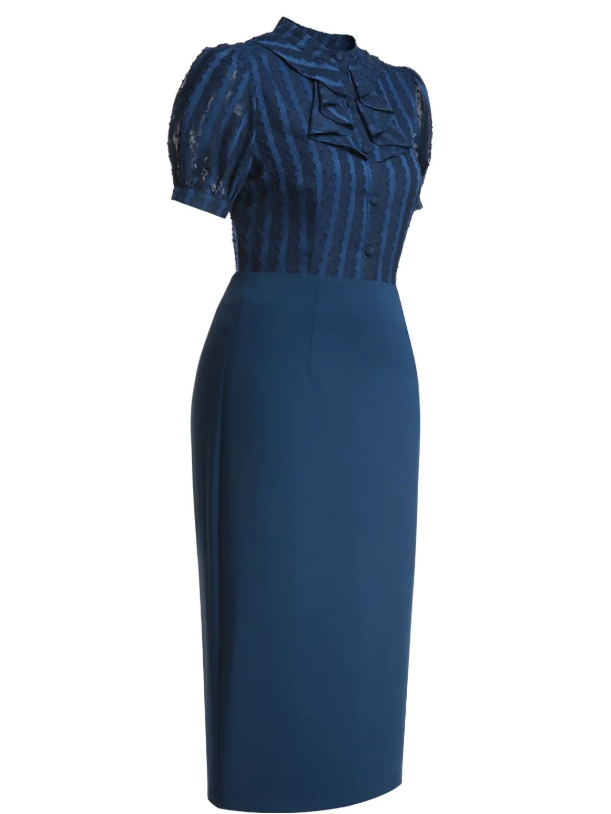 Hot Retro Stage 2PCS 1960s Stand Collar Shirt & Solid Wrap Skirts Navy Blue
