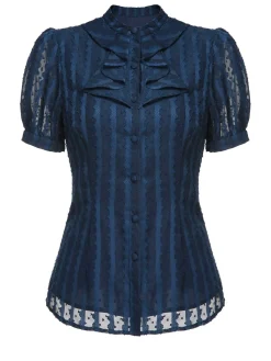 Hot Retro Stage 2PCS 1960s Stand Collar Shirt & Solid Wrap Skirts Navy Blue