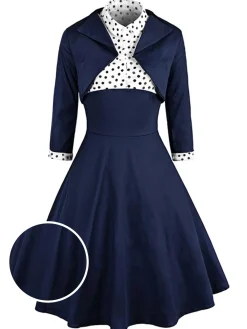Hot Retro Stage 2PCS Navy 1950s Polka Dot Swing Dress Navy Blue