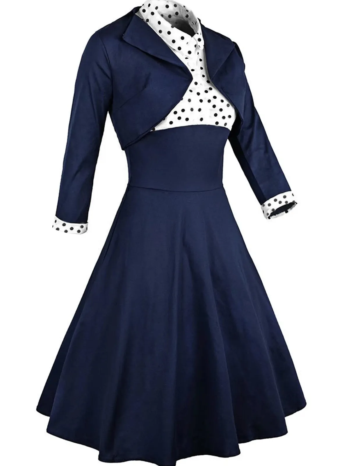 Hot Retro Stage 2PCS Navy 1950s Polka Dot Swing Dress Navy Blue