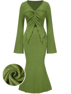 Outlet Retro Stage 2PCS 1930s V-Neck Top & Mermaid Skirt Olive Green
