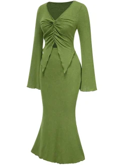 Outlet Retro Stage 2PCS 1930s V-Neck Top & Mermaid Skirt Olive Green