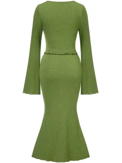 Outlet Retro Stage 2PCS 1930s V-Neck Top & Mermaid Skirt Olive Green