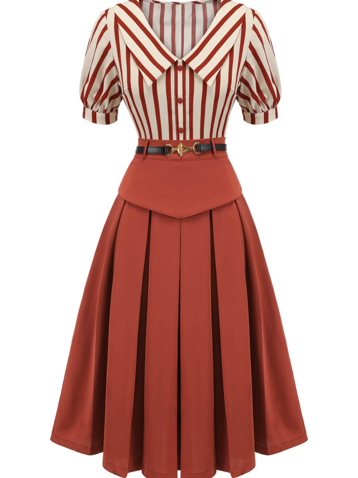 Outlet Retro Stage 2PCS Orange Red 1950s Striped Blouse & Pleated Skirt