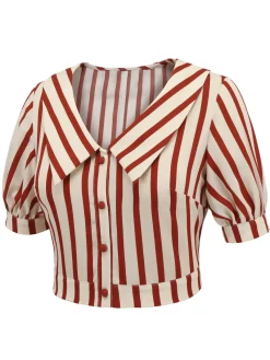 Outlet Retro Stage 2PCS Orange Red 1950s Striped Blouse & Pleated Skirt