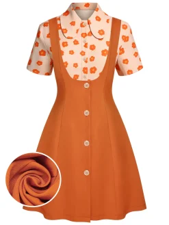 Hot Retro Stage 2PCS 1960s Floral Shirt & Skirt Orange