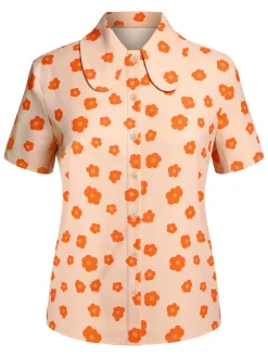 Hot Retro Stage 2PCS 1960s Floral Shirt & Skirt Orange