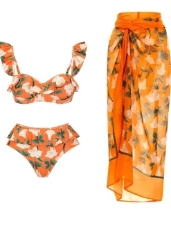Hot Retro Stage 2PCS 1940s Ruffle Floral Bikini Set & Cover Up Orange