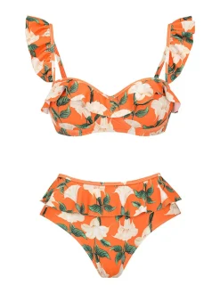 Hot Retro Stage 2PCS 1940s Ruffle Floral Bikini Set & Cover Up Orange
