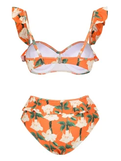 Hot Retro Stage 2PCS 1940s Ruffle Floral Bikini Set & Cover Up Orange