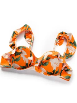 Hot Retro Stage 2PCS 1940s Ruffle Floral Bikini Set & Cover Up Orange