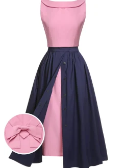 Discount Retro Stage 3PCS Pink 1960s Bow Blouse & Spaghetti Dress & Umbrella Skirt Pale Pink