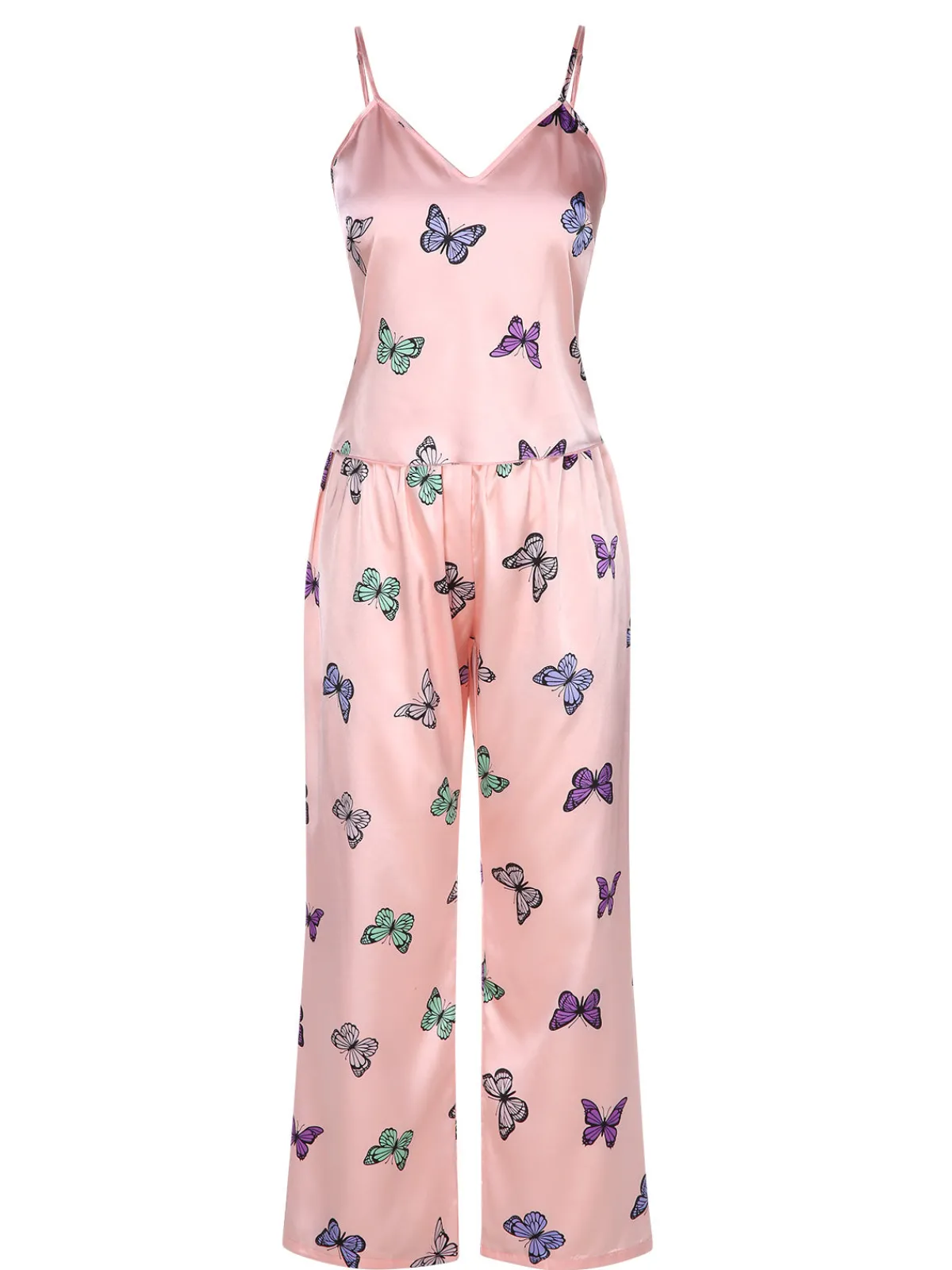 Hot Retro Stage 2PCS 1950s Butterfly Suspender V-Neck Sleepwear Pink