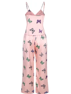Hot Retro Stage 2PCS 1950s Butterfly Suspender V-Neck Sleepwear Pink