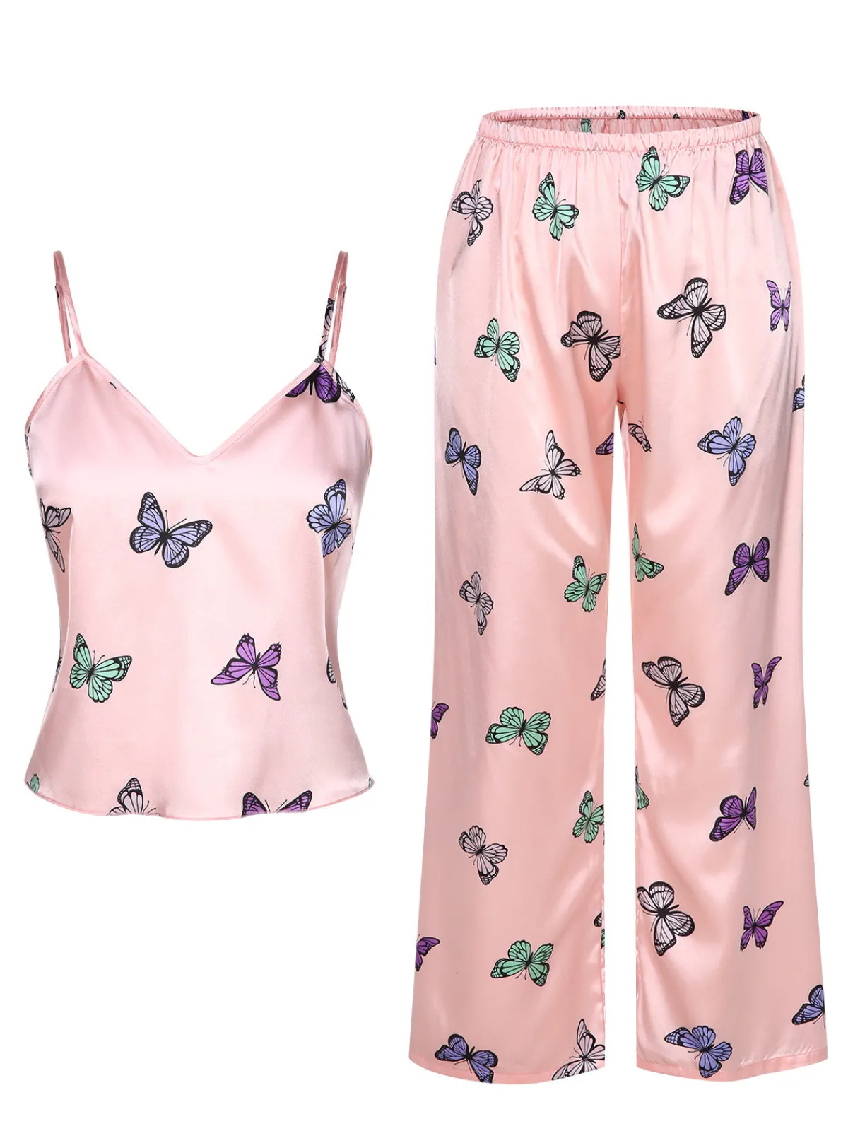 Hot Retro Stage 2PCS 1950s Butterfly Suspender V-Neck Sleepwear Pink