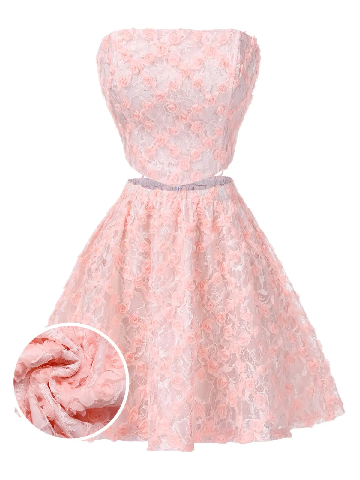 Outlet Retro Stage 2PCS Pink 1950s 3D-Roses Lace-Up Bandeau Top & Skirt Pale Pink