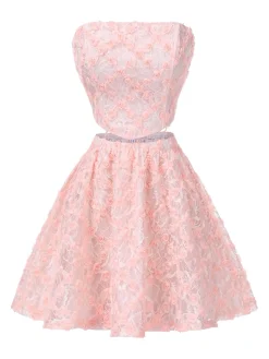 Outlet Retro Stage 2PCS Pink 1950s 3D-Roses Lace-Up Bandeau Top & Skirt Pale Pink