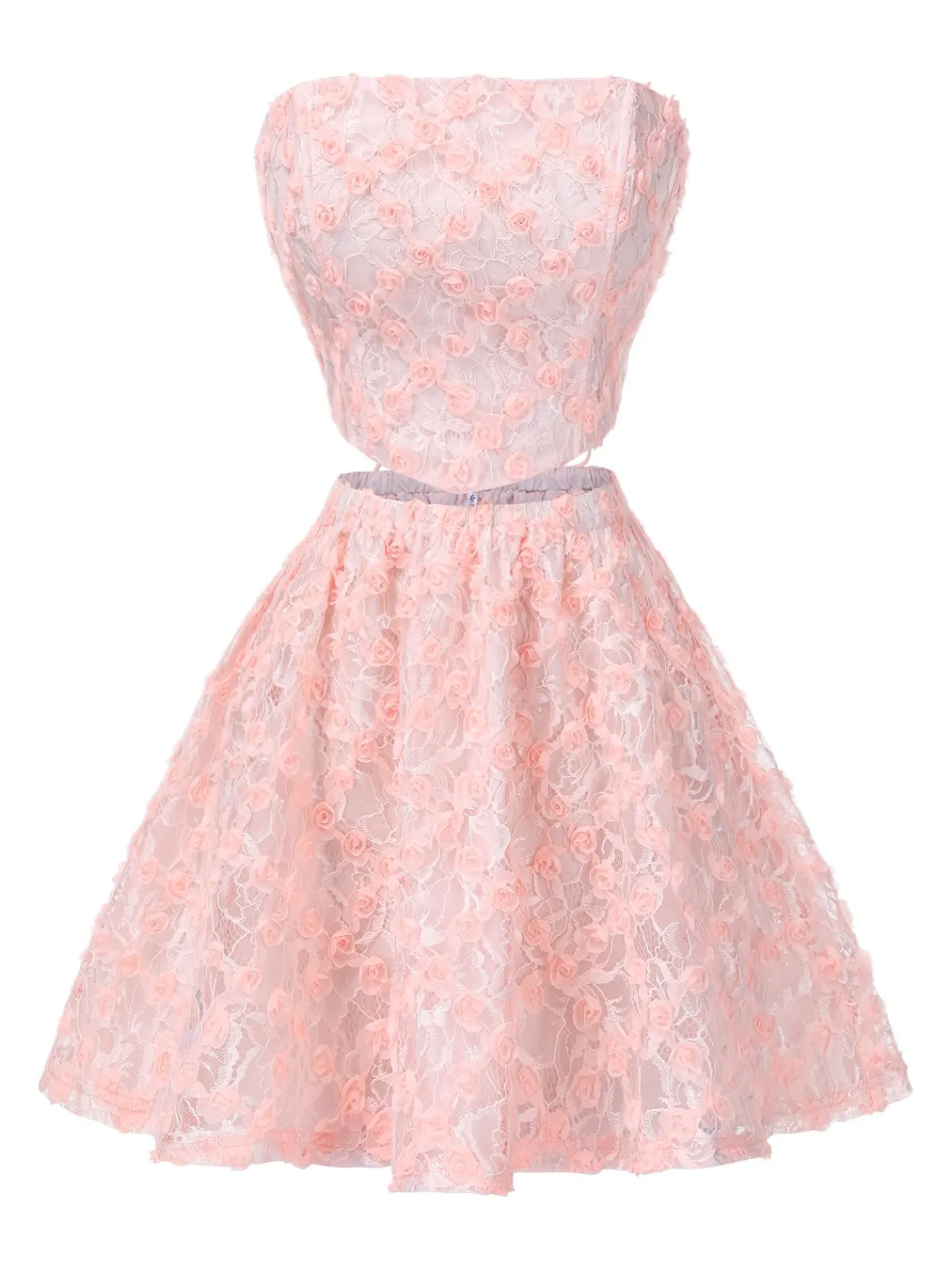 Outlet Retro Stage 2PCS Pink 1950s 3D-Roses Lace-Up Bandeau Top & Skirt Pale Pink