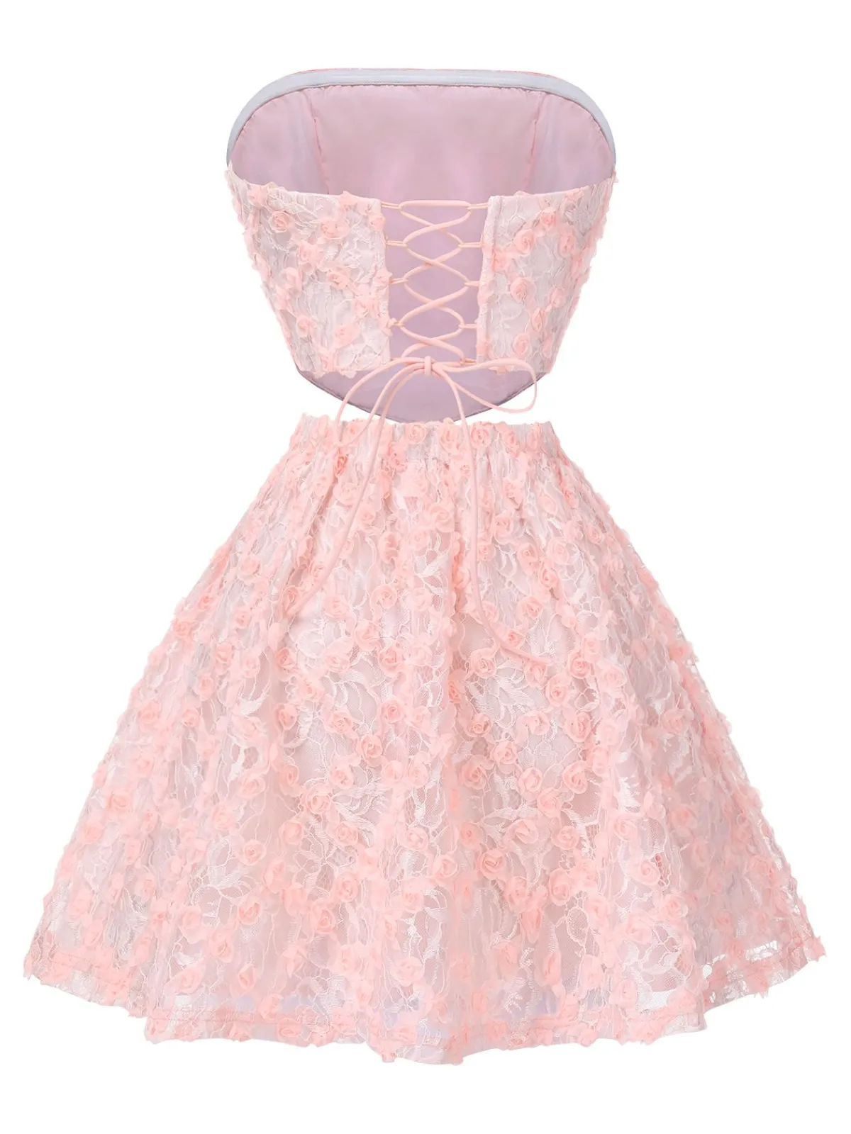 Outlet Retro Stage 2PCS Pink 1950s 3D-Roses Lace-Up Bandeau Top & Skirt Pale Pink